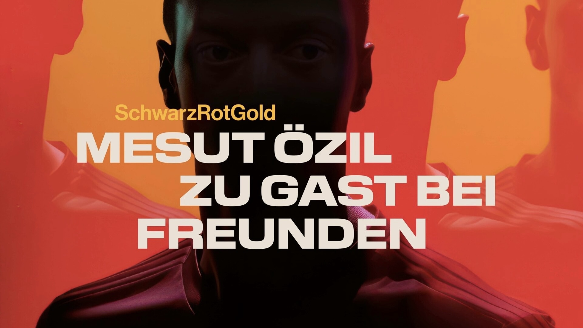 Das Cover des Podcasts SchwarzRotGold: Mesut Özil zu Gast bei Freunden. Das Gesicht eines Mannes, verdunkelt, auf rotem graphischen Hintergrund.