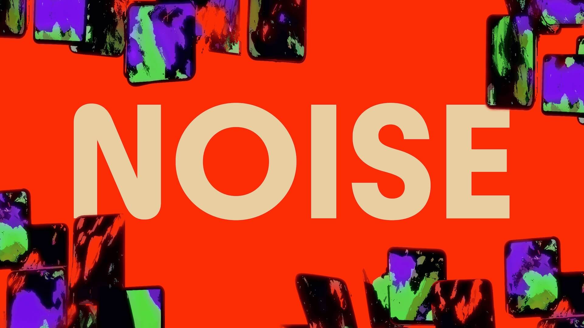 Das Cover des Podcasts "Noise". Zwei Silhouetten, die vor mehreren abstrakten Formen stehen, die als Bildschirme, Tablets und Smartphones zu erkennen sind. Der Hintergrund ist in einer roten Alarmfarbe gehalten, oben steht groß NOISE.